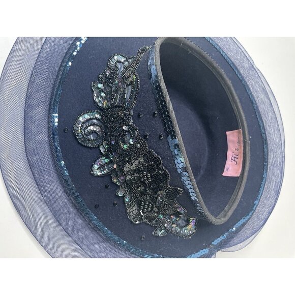 Mr. Hi\'s Classic Blue Felt Church Hat fascinator Derby Sweep & Sequins